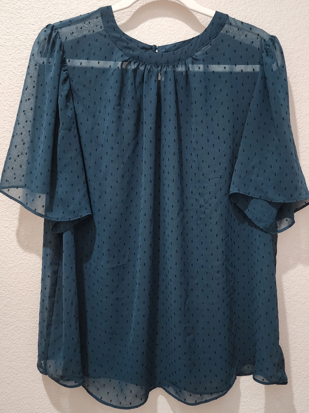 Teal Dot Chiffon Sheer Flutter Sleeve Blouse Flowy